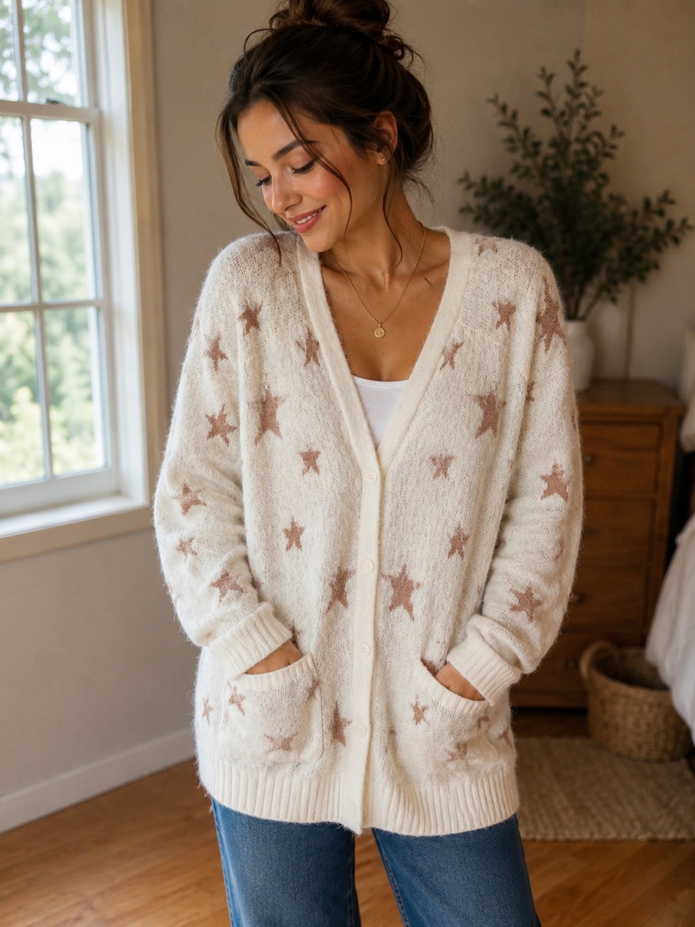 Bluivy Cream & Taupe Star Knit Fuzzy Cardigan Pockets Oversized SM
